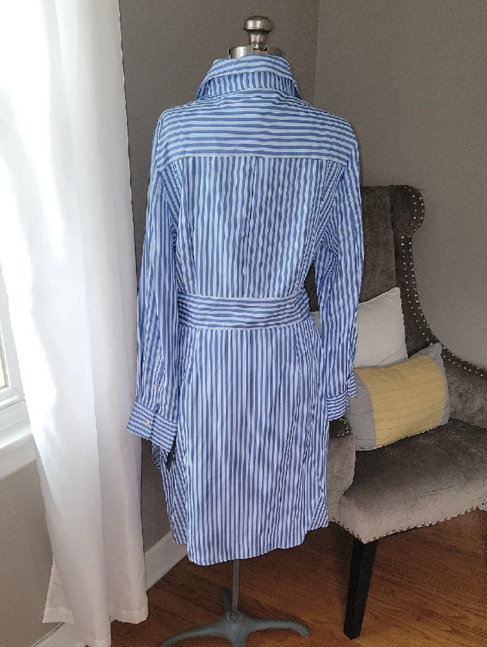 Tahari ASL Striped Wrap Shirtdress in Light Blue - Picture 8 of 11